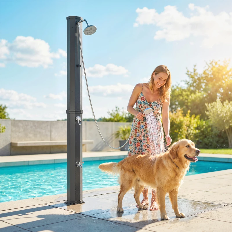 Outsunny 16 Gal Solar Heated Shower, 7.4 FT Outdoor Shower with 2 Shower Heads, Adjustable Temperature, Foot Faucet