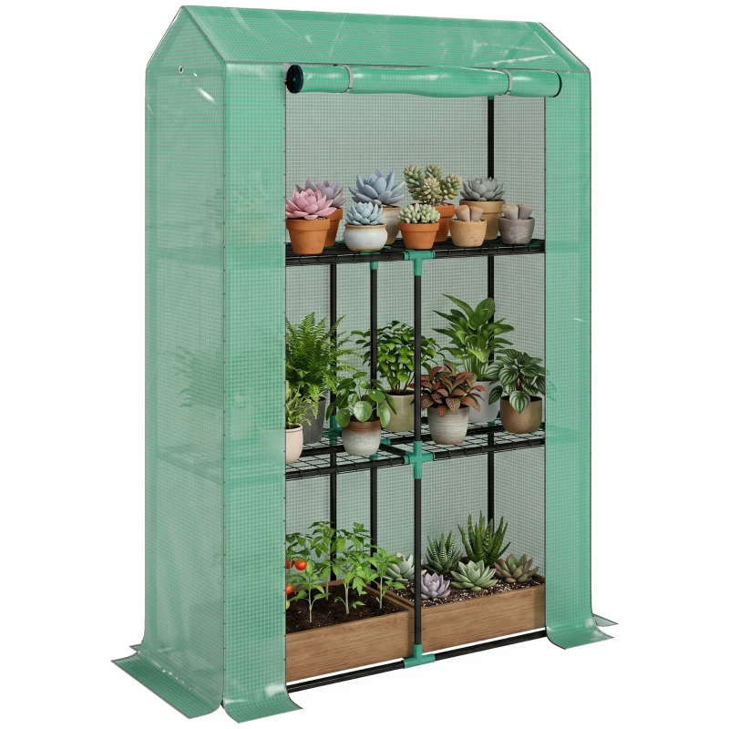Outsunny Mini Greenhouse with 3 Tier Shelves, 3 Roll-Up Doors for Indoor Outdoor, Green
