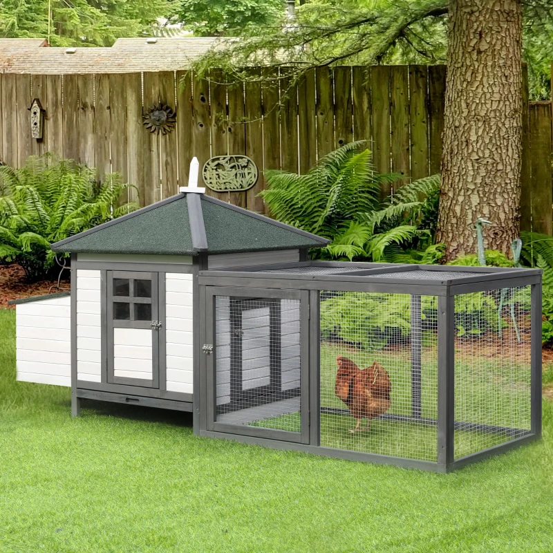 PawHut 77" Wooden Chicken Coop with Nesting Box, Cute Outdoor Hen House with Removable Tray, Ramp Run, for Garden Backyard, Gray