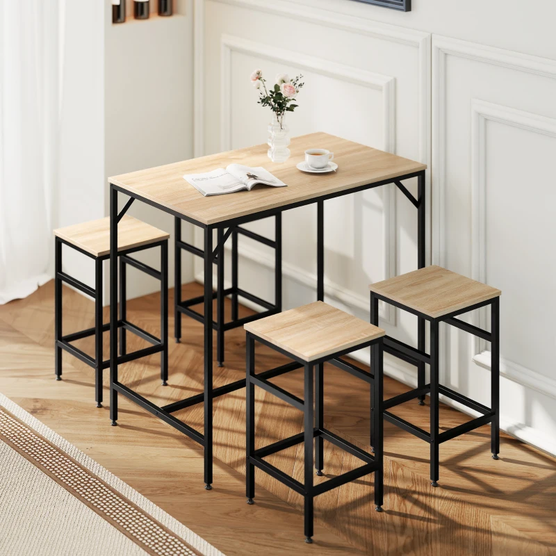HOMCOM 5 Pieces Industrial Rectangular Bar Table Set, Dining Table Set Breakfast Table with 4 Stools for Dining Room, Kitchen, Dinette, Oak