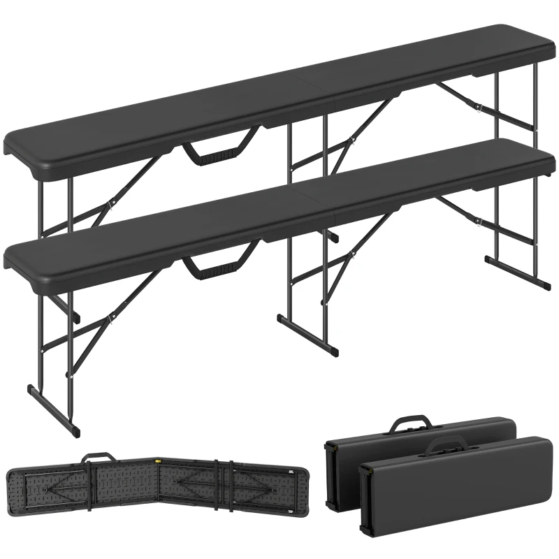 Outsunny 2 Pack 6 ft Portable Foldable Bench Seats, Plastic Folding Benches with Carrying Handle for Camping, Black