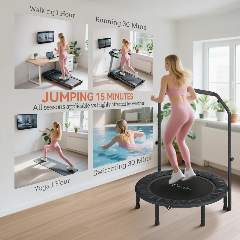 Soozier 40" Foldable Mini Trampoline, Rebounder Trampoline for Adults with Adjustable Foam Handle, Black