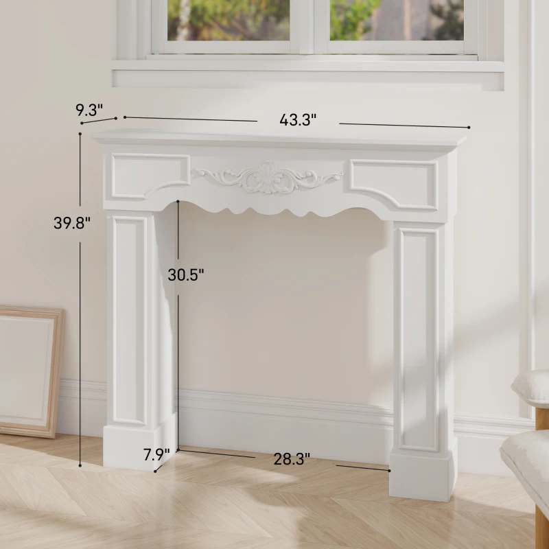 HOMCOM Baroque Fireplace Mantel, Freestanding Fireplace Surround with Leg for Electric Fireplaces, 43.3" W x 39.8" H, White