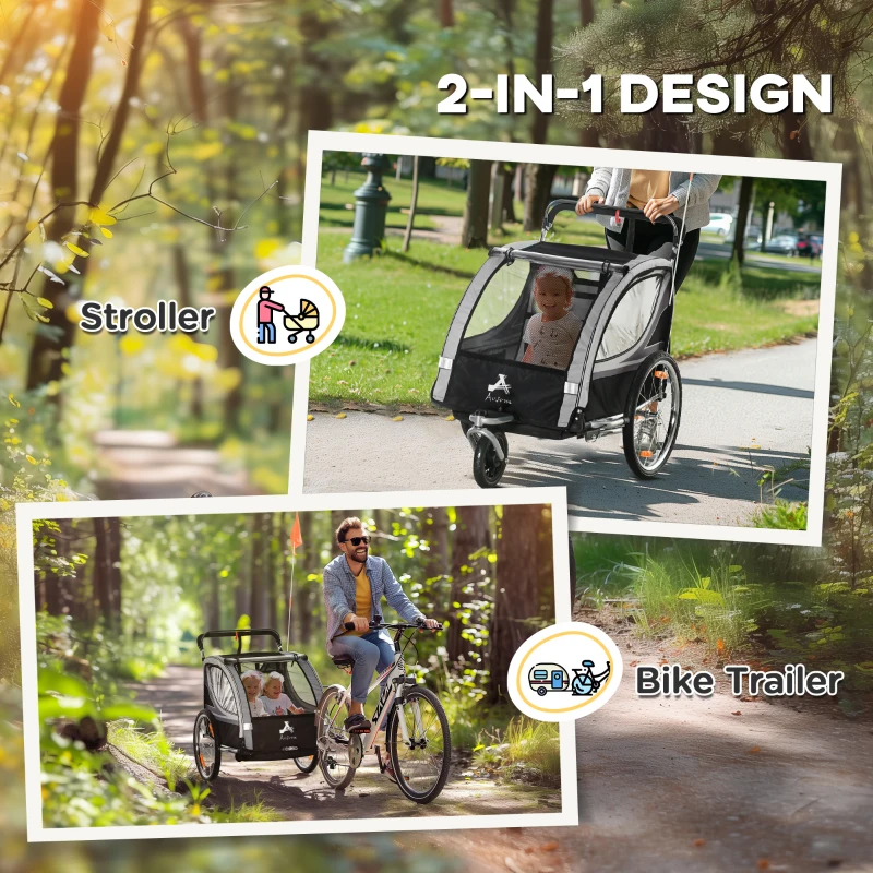Aosom 2 Seat Bike Trailer for Kids 2-in-1 Baby Stroller with Handbrake, Rubber Wheels, 5 Point Harness, Reflectors, Grey