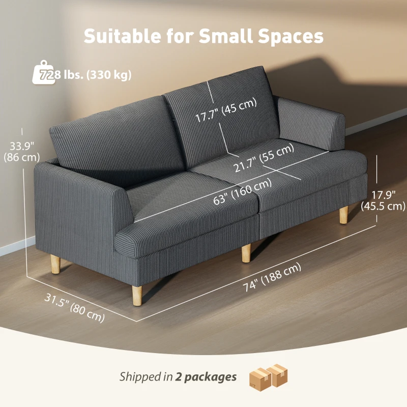 HOMCOM 3 Seater Sofa, 74" Modern Corduroy Upholstered Couch with Thick Spring Cushions, Solid Wood Legs, Armrests, Dark Grey