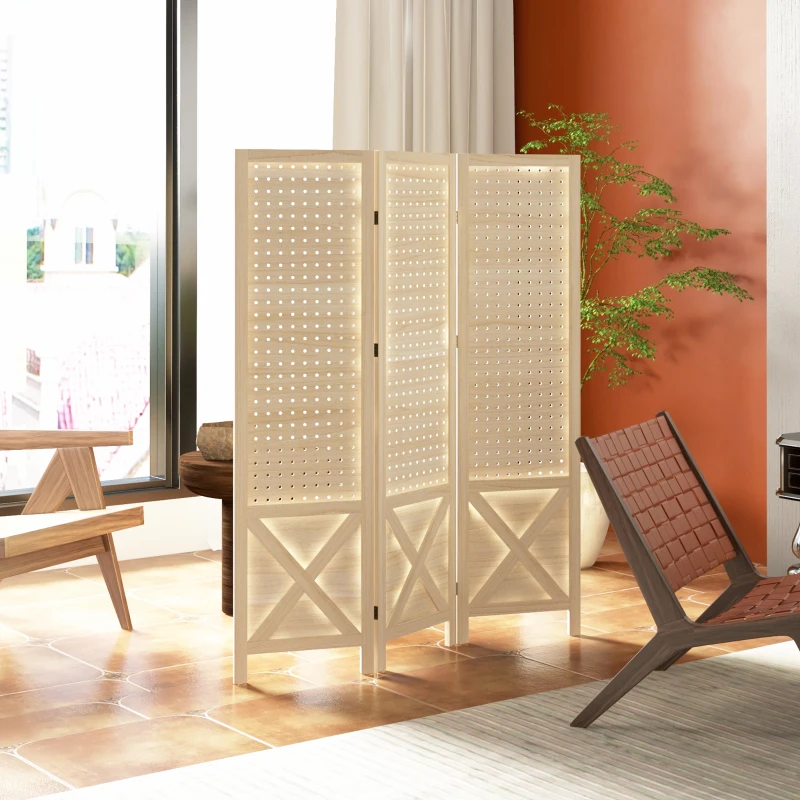 HOMCOM 4.7' 3 Panel Wooden Room Divider with Pegboard Display, Folding Privacy Screen for Home Office, Natural
