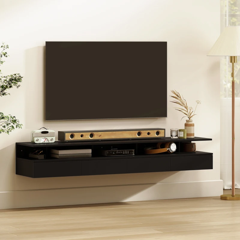 HOMCOM Floating Nightstand Set of 2, Wall Mounted Bedside Table with Drawer and Shelf, Small Night Stand for Bedroom, Black