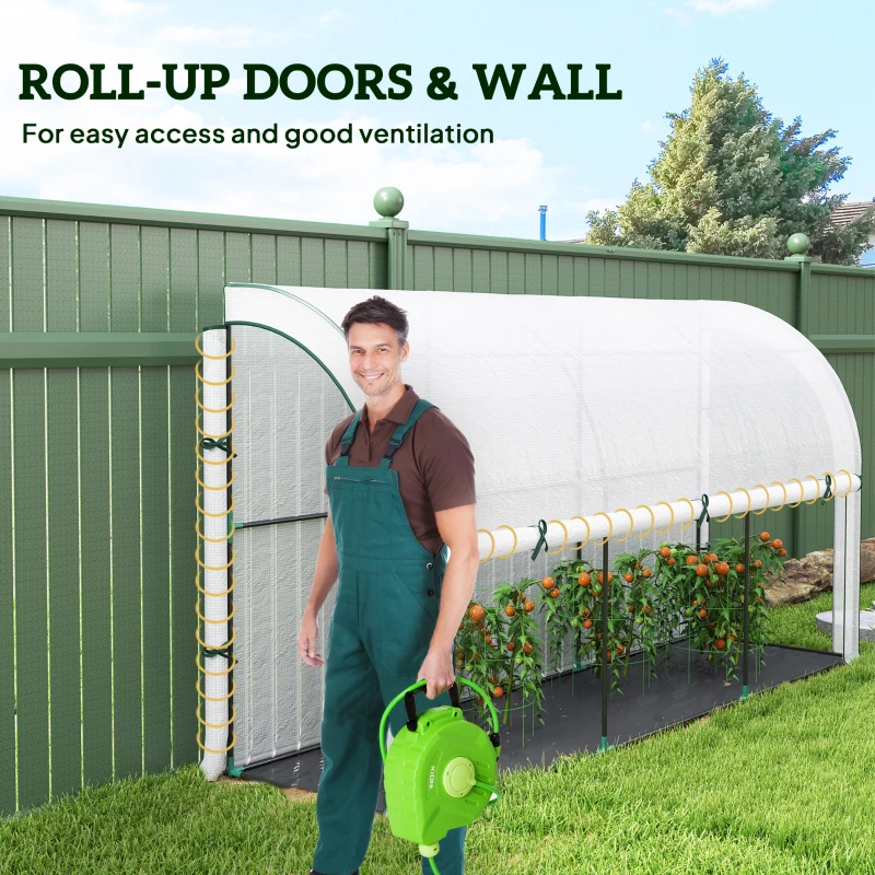 Outsunny Walk-in Lean-to Greenhouse, Outdoor Gardening Green House with Zipper Roll-up Doors and Window, 10' x 3' x 5', White
