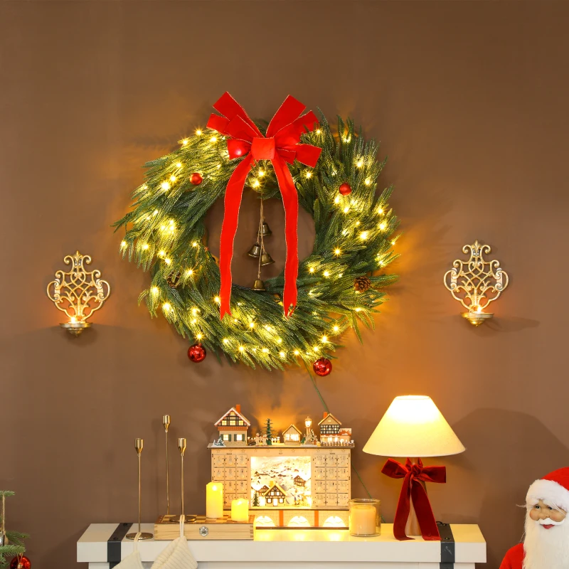 HOMCOM 36 Inch Christmas Wreath for Front Door with LED Lights, Prelit Christmas Wreath with 8 Modes and Ornaments, Green