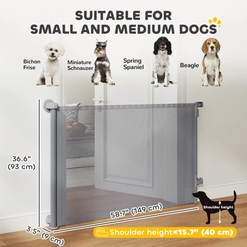 PawHut Retractable Dog Gate, 36.6" Tall,  Extends to 55" Wide, Mesh Pet Gate with Single Hand Operation, for Stairs, Doorways