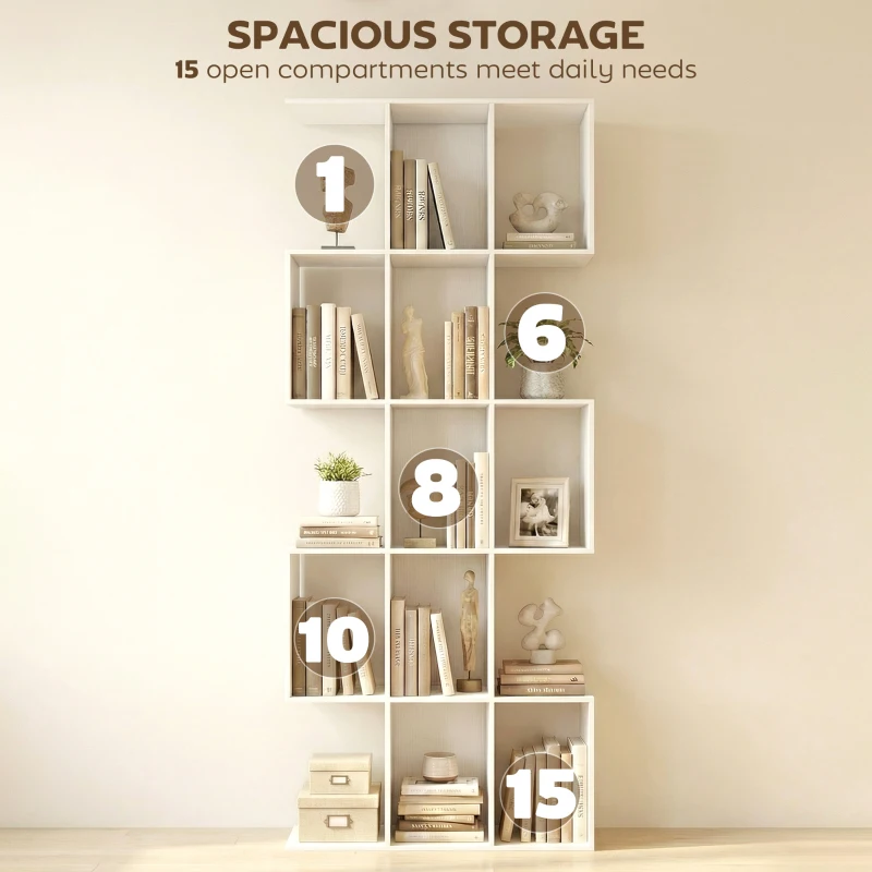 HOMCOM 5-Tier Bookshelf, S Shaped Geometric Bookcase with 15 Compartments, White Wood Grain