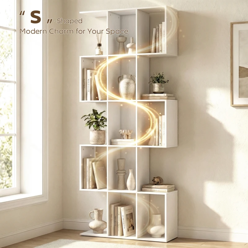 HOMCOM 5-Tier Bookshelf, S Shaped Geometric Bookcase with 15 Compartments, White Wood Grain