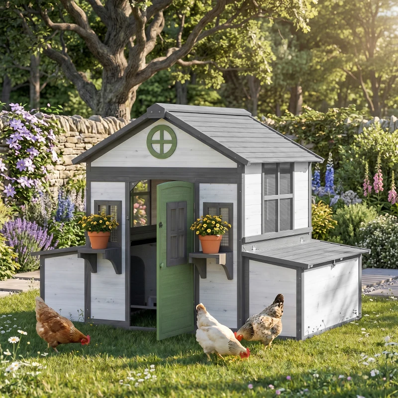 PawHut Wooden Chicken Coop, Hen House for 2-4 Hens, Outdoor Playhouse Poultry Cage with Nesting Boxes, Waterproof Roof, Windows