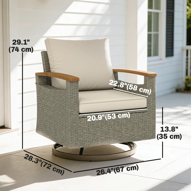 Outsunny Patio Outdoor Swivel Chairs Set of 2, PE Rattan Patio Wicker Chair with Soft Cushions, Steel Frame, Cream White