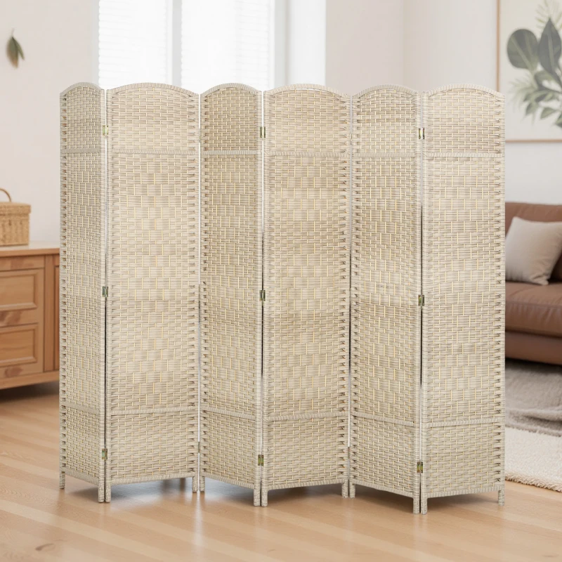 HOMCOM 6 Ft Tall Folding Room Divider, 6 Panel Portable Privacy Screen, Hand-Woven Partition Wall Divider, Light Oak