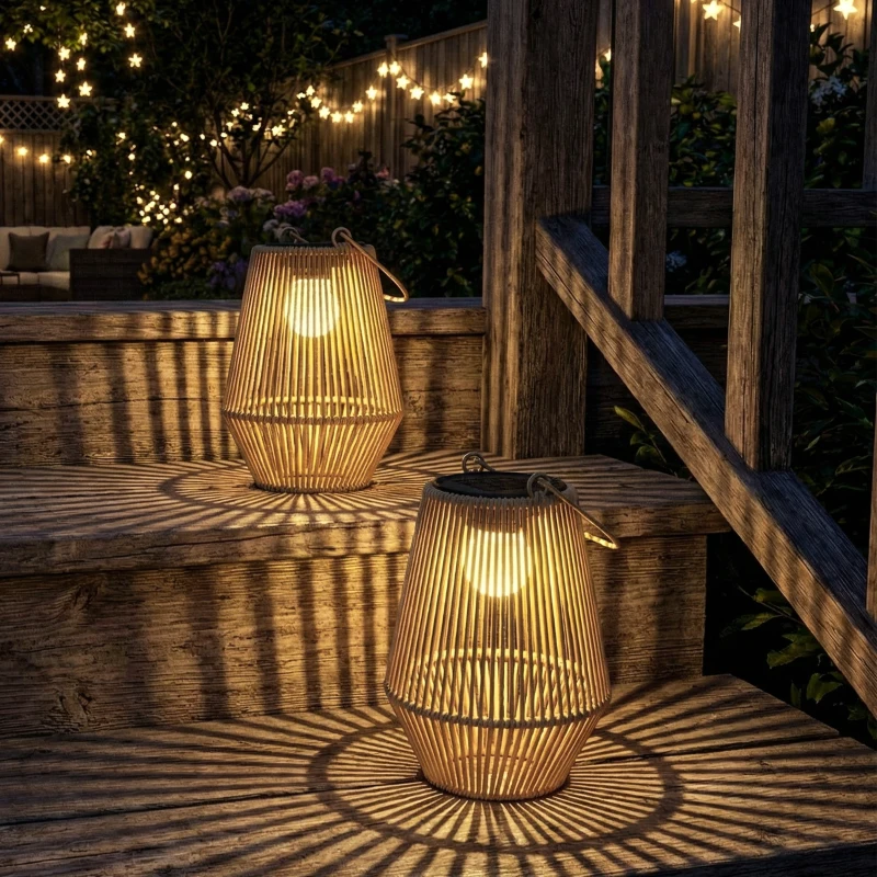 Outsunny 2 Pack Wicker Solar Lanterns Outdoor Waterproof Hanging Lights with Auto On/Off and Handles, Brown