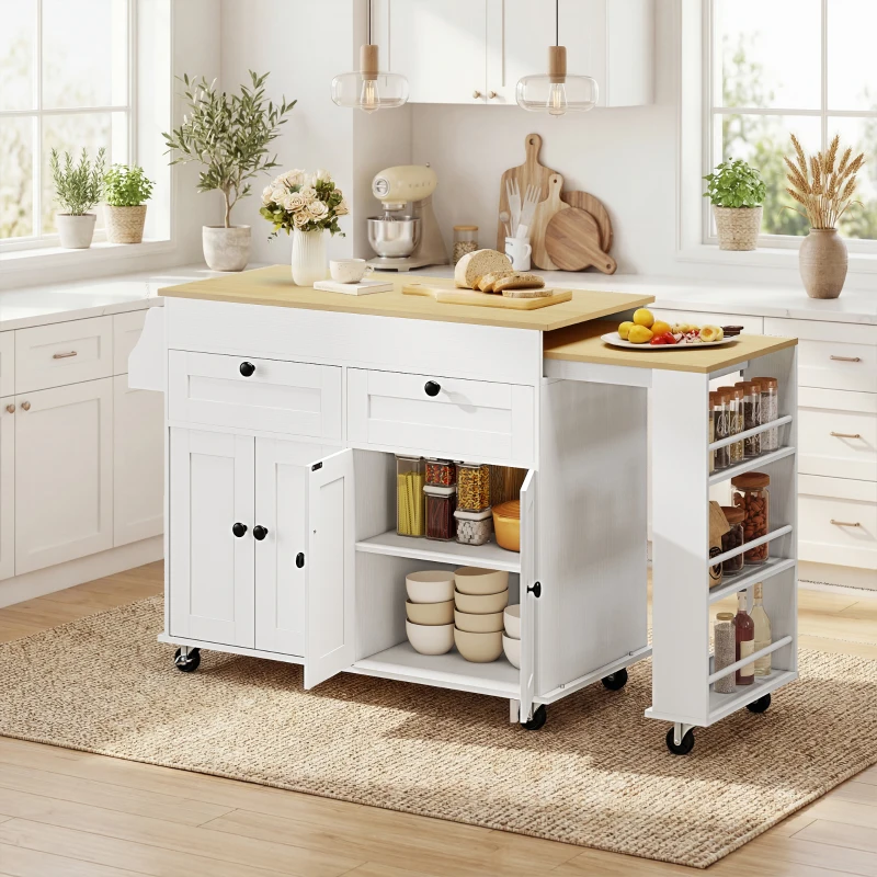 HOMCOM Kitchen Island with Sliding Expandable Top, Rolling Kitchen Cart with Drawers, Cabinets & Spice Rack, White
