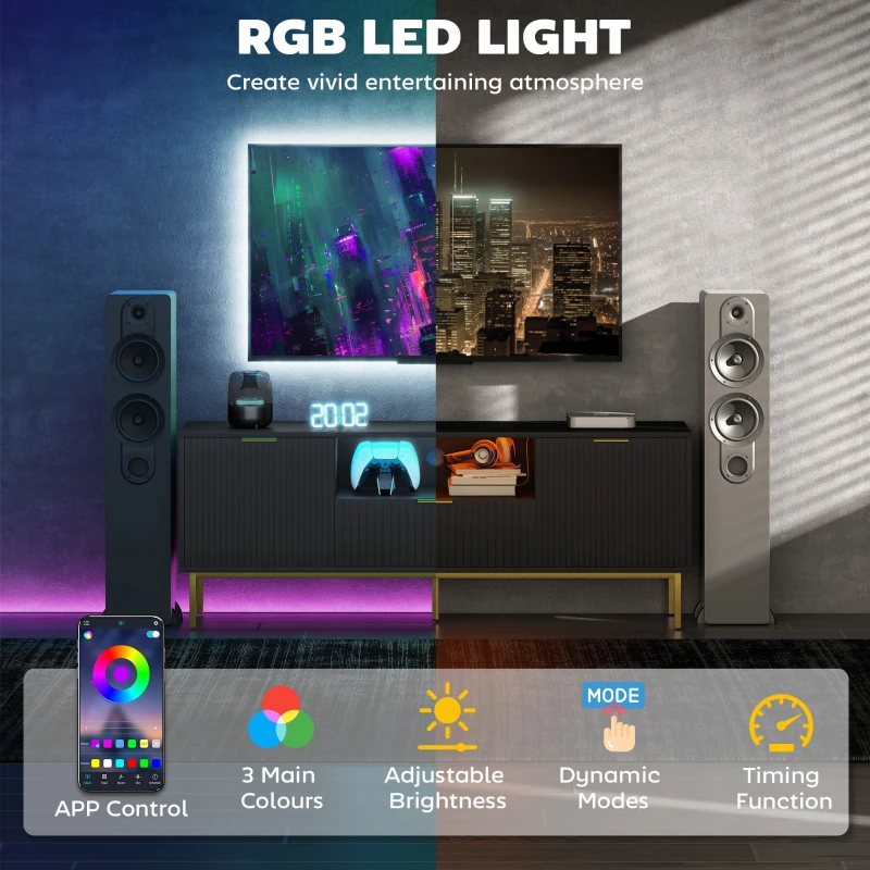 HOMCOM Modern TV Console for TVs up to 60 Inch, Entertainment Center with Smart RGB LED Lights and Soft Close Doors, Black