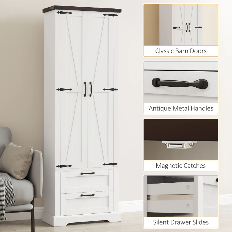 HOMCOM 71" Tall Kitchen Pantry Cabinet, Farmhouse Kitchen Storage Cabinet with 2 Drawer and Adjustable Shelves, White
