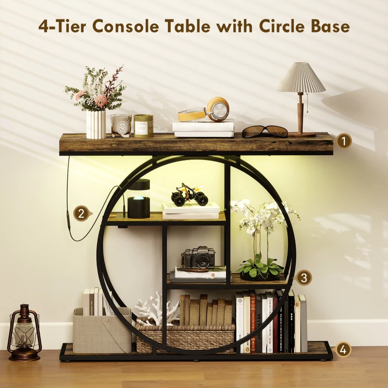 HOMCOM 4-Tier Entryway Table with Charging Station LED Lights 39" Console Table with Circle Base for Living Room, Rustic Brown
