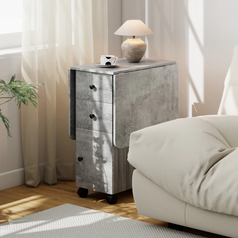 HOMCOM Drop Leaf Dining Table, Mobile Folding Table on Wheels with Drawers and Cabinet for Dining Room, Kitchen, Grey