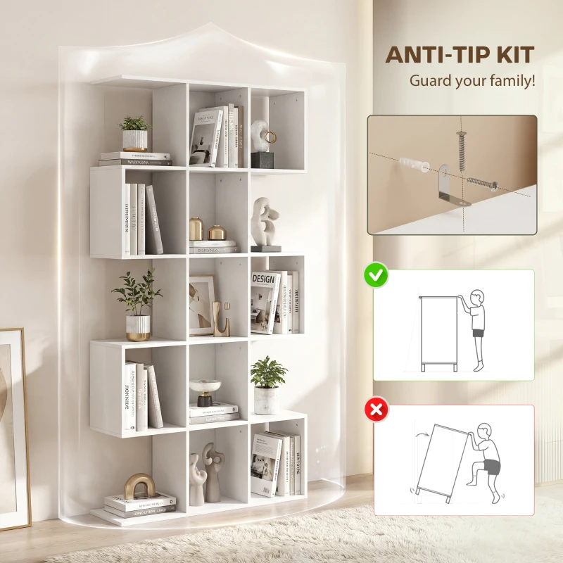 HOMCOM 5-Tier Bookshelf, S Shaped Geometric Bookcase with 15 Compartments, White Wood Grain