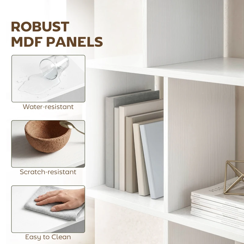 HOMCOM 5-Tier Bookshelf, S Shaped Geometric Bookcase with 15 Compartments, White Wood Grain