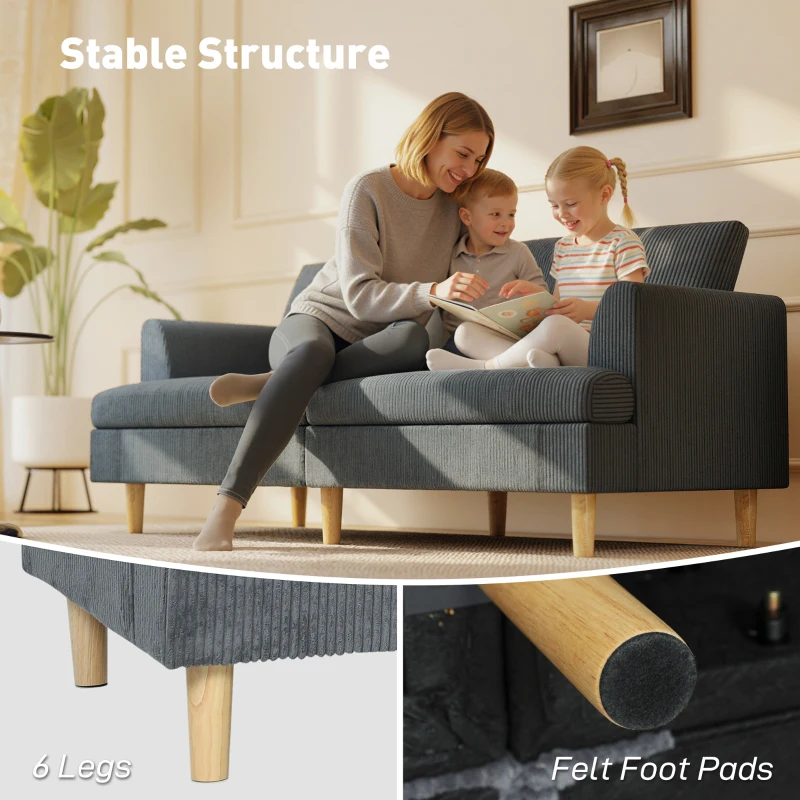 HOMCOM 3 Seater Sofa, 74" Modern Corduroy Upholstered Couch with Thick Spring Cushions, Solid Wood Legs, Armrests, Dark Grey