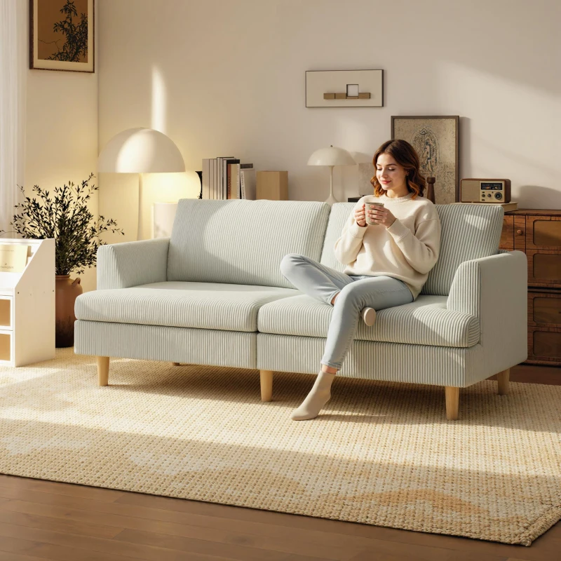 HOMCOM 3 Seater Sofa, 74" Modern Corduroy Upholstered Couch with Thick Spring Cushions, Solid Wood Legs, Armrests, Beige