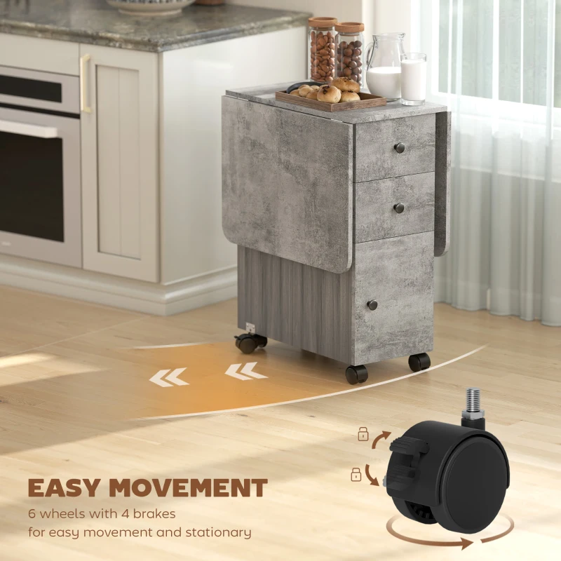 HOMCOM Drop Leaf Dining Table, Mobile Folding Table on Wheels with Drawers and Cabinet for Dining Room, Kitchen, Grey