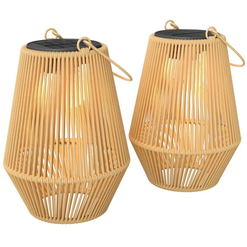 Outsunny 2 Pack Wicker Solar Lanterns Outdoor Waterproof Hanging Lights with Auto On/Off and Handles, Brown