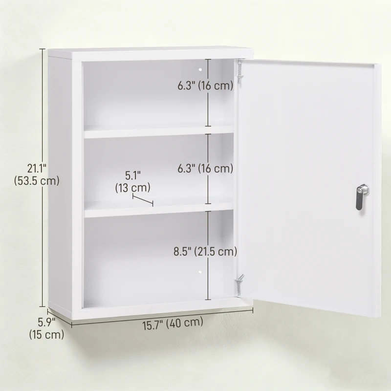kleankin Lockable Medicine Cabinet, 3 Tier Steel Medical Wall Box with 2 Keys and Shelves for Bathroom, White