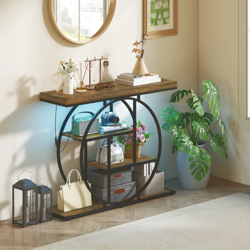 HOMCOM 4-Tier Entryway Table with Charging Station LED Lights 39" Console Table with Circle Base for Living Room, Rustic Brown