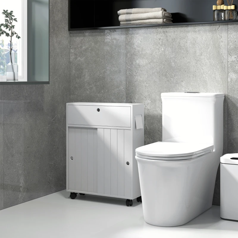 kleankin Bathroom Storage Cabinet, Bathroom Cabinet with 4 Rolling Wheels and Paper Holes, 20.5" x 6.75" x 26.5", White