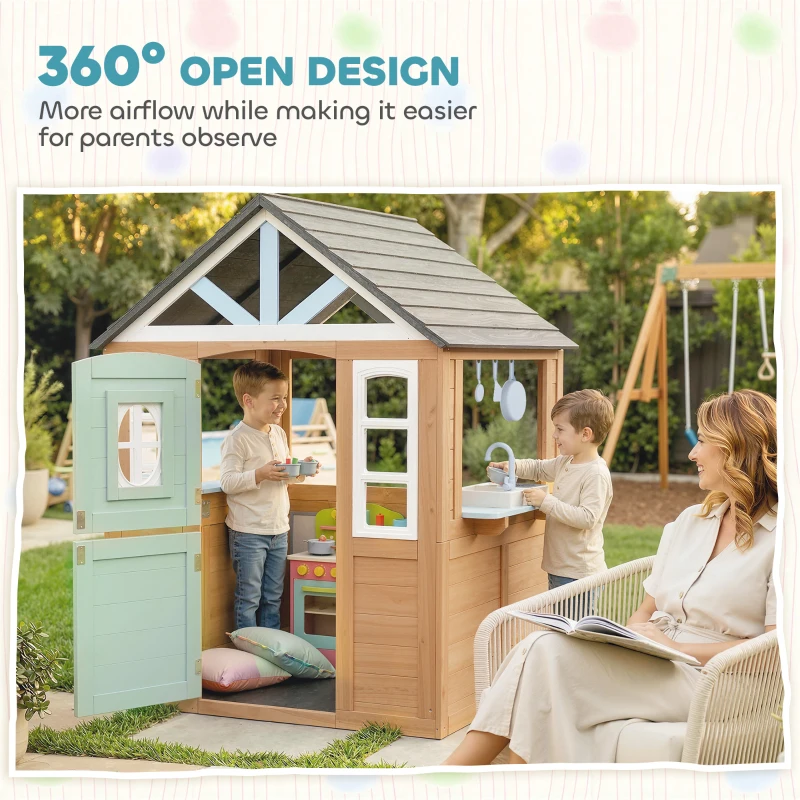 Qaba Kids Outdoor Playhouse, Wooden Cottage Play House with Pet Door, Play Kitchen, Half Door and Windows for Indoor Outdoor
