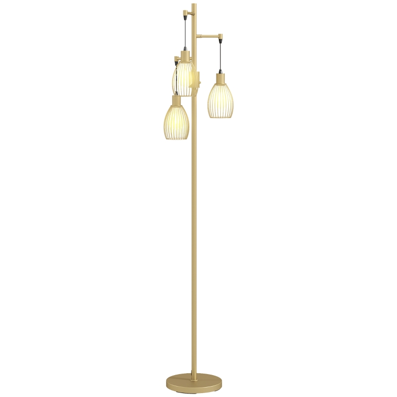 HOMCOM Industrial Floor Lamp with 3 Hanging Wire Lampshades, Dimmable Standing Lamp for Living Room, Gold
