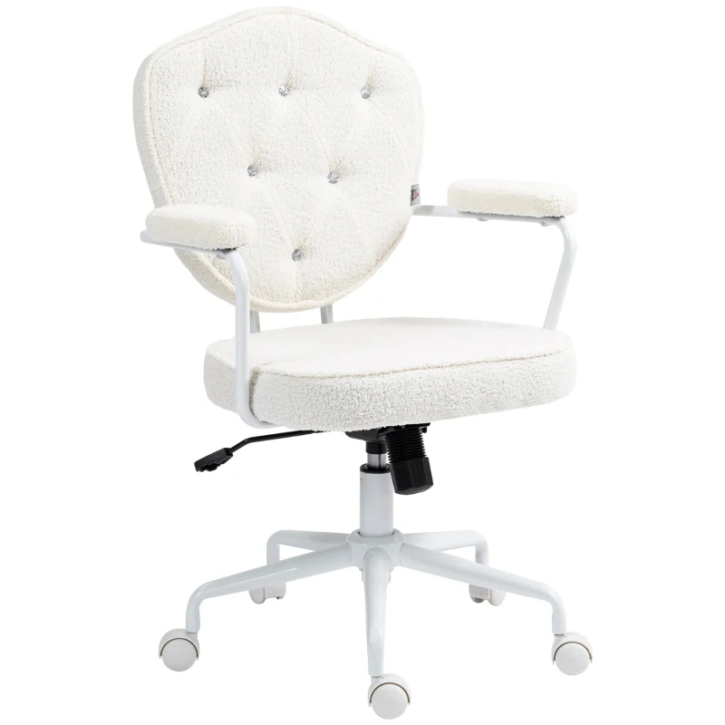 HOMCOM Cute Office Chair, Desk Chair with Button Tufted Teddy Bear Fleece, Swivel Computer Vanity Chair, Cream White