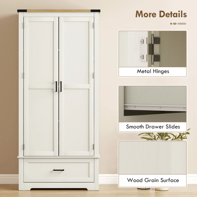 HOMCOM 69" Tall Farmhouse Kitchen Pantry Cabinet with 2 Doors, Drawer and Adjustable Shelves, Cream White