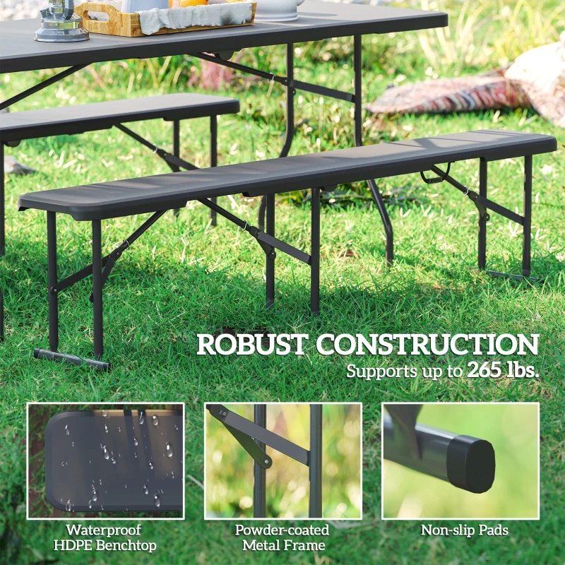 Outsunny 2 Pack 6 ft Portable Foldable Bench Seats, Plastic Folding Benches with Carrying Handle for Camping, Black