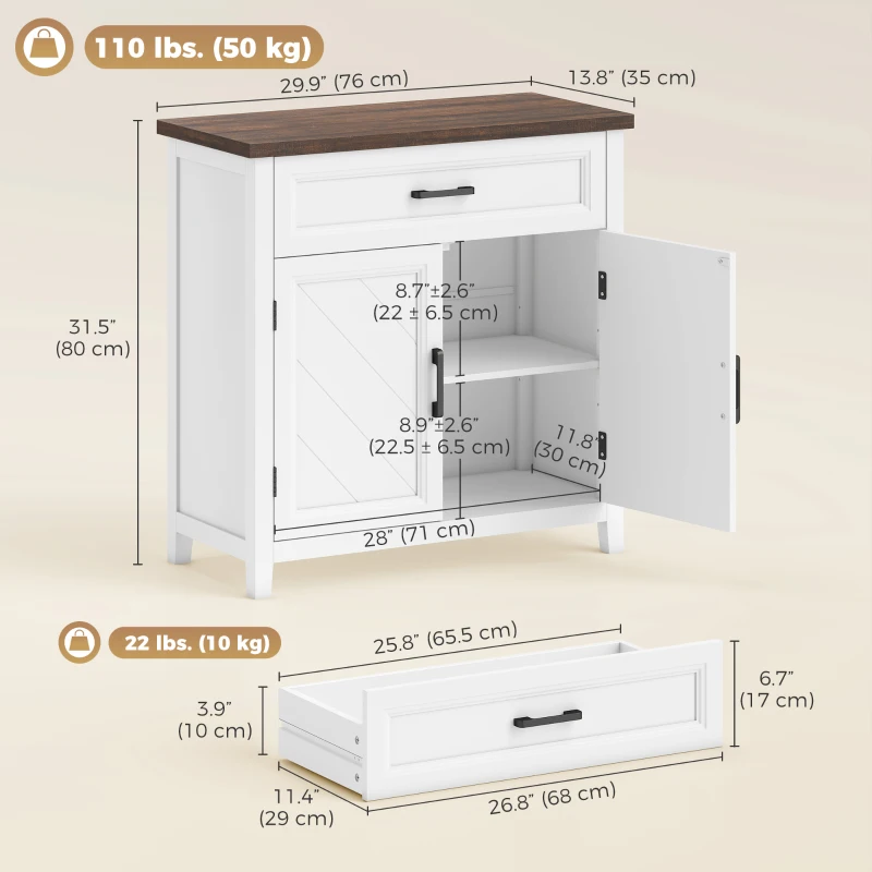 HOMCOM Modern Farmhouse Sideboard Buffet Cabinet with Adjustable Shelf, Storage & 2 Doors