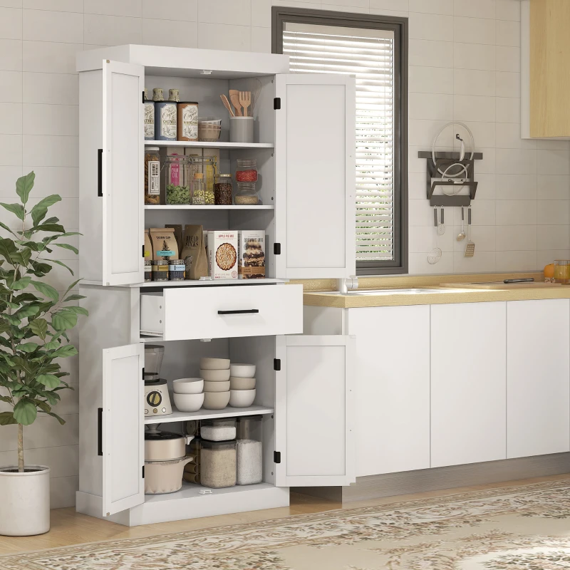 HOMCOM 72" Kitchen Storage Cabinet, Farmhouse Kitchen Pantry Cabinet with 4 Barn Doors, Drawer, Adjustable Shelves, White