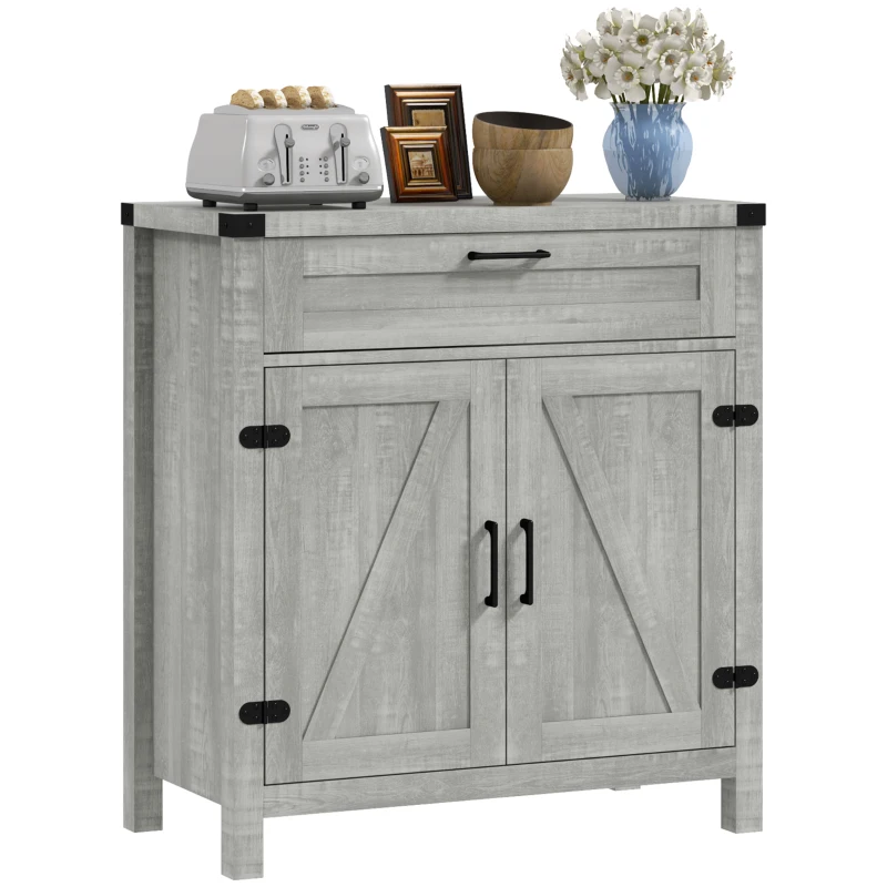 HOMCOM Modern Farmhouse Sideboard with Storage, Buffet Cabinet with 2 Barn Doors and Drawer for Dining Room, Gray