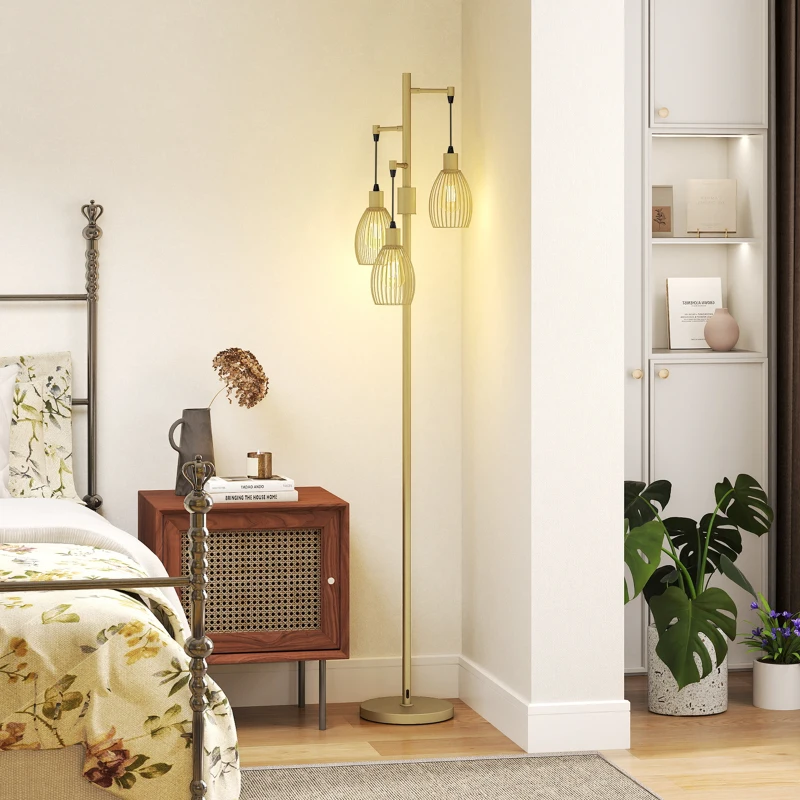 HOMCOM Industrial Floor Lamp with 3 Hanging Wire Lampshades, Dimmable Standing Lamp for Living Room, Gold