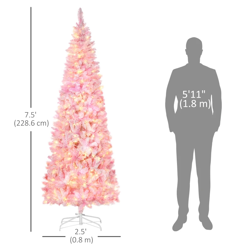 HOMCOM 7.5 Foot Prelit Snow Flocked Artificial Christmas Tree with Pencil Shape, 700 Pine Realistic Branches, Warm White LED lights, Auto Open, Pink and White