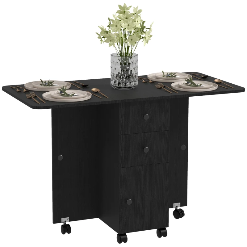 HOMCOM Drop Leaf Dining Table, Mobile Folding Table on Wheels with Drawers and Cabinet for Dining Room, Kitchen, Black