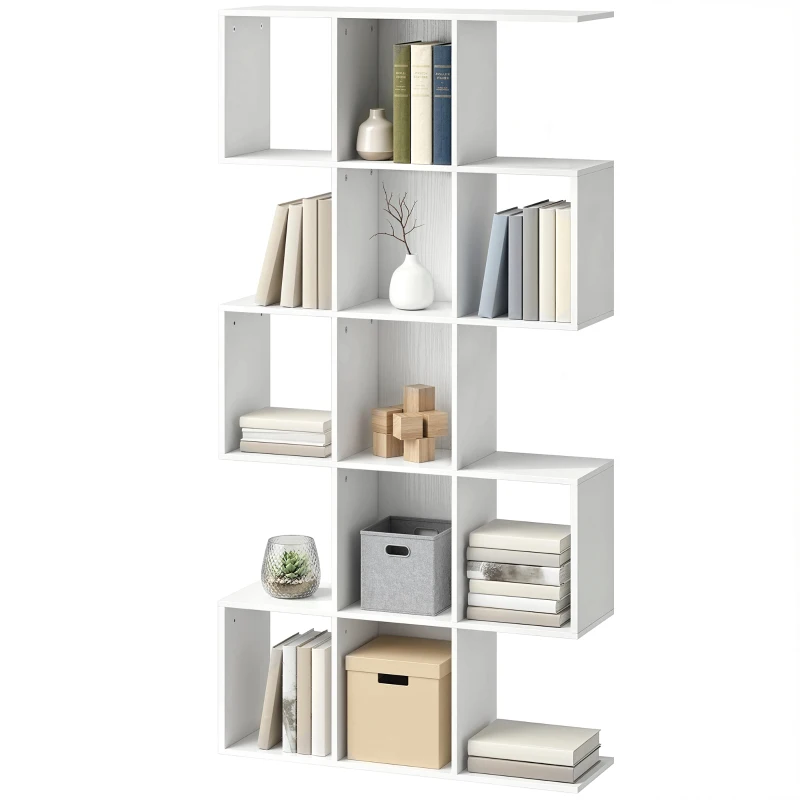 HOMCOM 5-Tier Bookshelf, S Shaped Geometric Bookcase with 15 Compartments, White Wood Grain