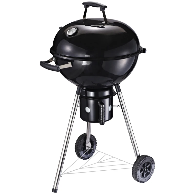 Outsunny Kettle Charcoal BBQ Grill, Portable Barbecue Smoker with Lid and Thermometer, Outdoor Camp Picnic Cooker with Wheels and Storage Shelf