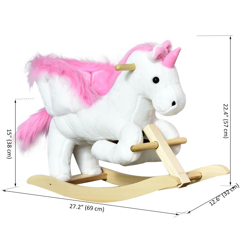 Qaba Baby Rocking Horse, Plush Animal Rocker for Toddlers Aged 18-36 Months, Stuffed Ride Toy with Sounds, Seat Belt, White and Pink