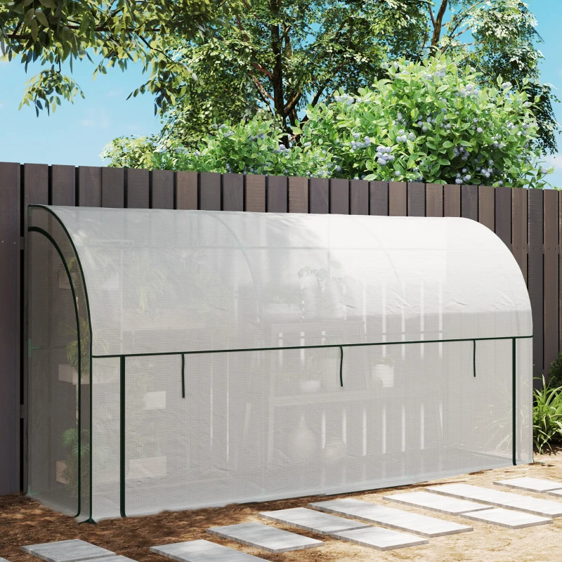 Outsunny Walk-in Lean-to Greenhouse, Outdoor Gardening Green House with Zipper Roll-up Doors and Window, 10' x 3' x 5', White