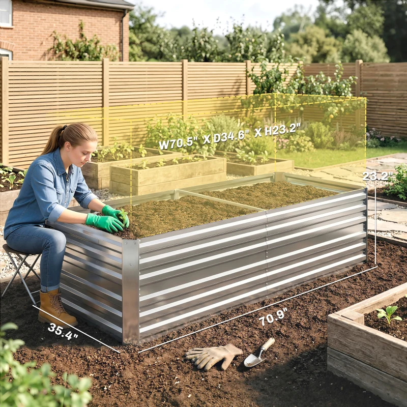 Outsunny Galvanized Raised Garden Bed, Steel Outdoor Planters with Reinforced Rods, 71" x 36" x 23", Silver